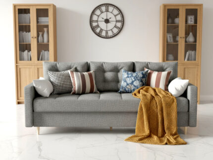 Sofa 3 Osobowa Rozkładana 224 CM Kanapa Z Pojemnikiem + Pikowane Siedzisko Poduszki + Wysokie Nóżki + Wybór Kolorów FLORIDA