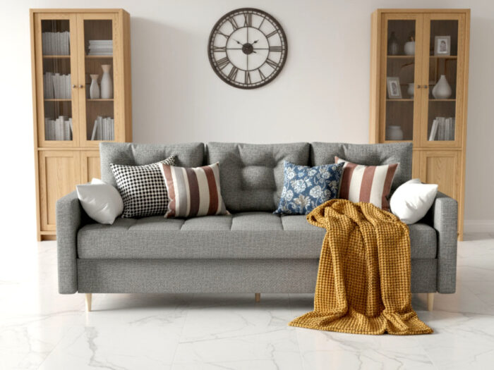 Sofa 3 Osobowa Rozkładana 224 CM Kanapa Z Pojemnikiem + Pikowane Siedzisko Poduszki + Wysokie Nóżki + Wybór Kolorów FLORIDA