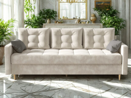 Sofa 3 Osobowa Rozkładana 224 CM Kanapa Z Pojemnikiem + Pikowane Siedzisko Poduszki + Wysokie Nóżki + Wybór Kolorów FLORIDA