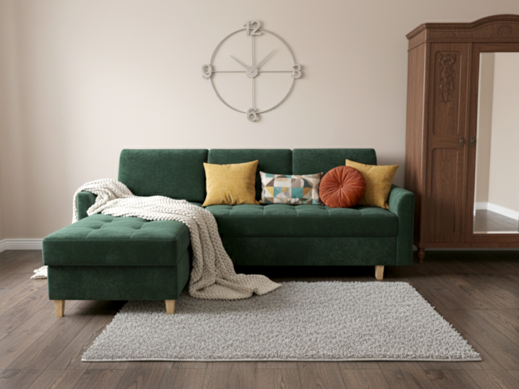 Zielony narożnik welurowy w salonie glamour Nowoczesny Narożnik Rozkładany 240x180 CM