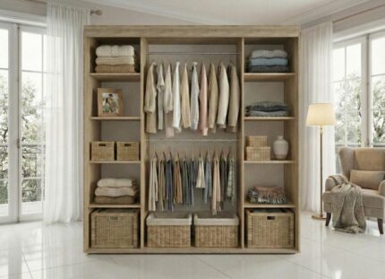 Wnętrze szafy z wyposażeniem Mikea 180 cm dąb sonoma