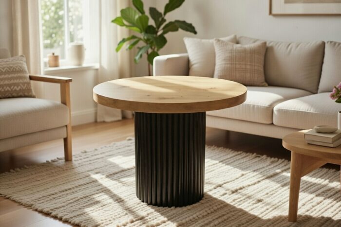 Przodem w skandynawskim wnętrzu Okrągły Stolik Loft 65 cm Unity