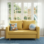 Żółta kanapa przodem Młodzieżowa Sofa Rozkładana 155 cm DALLAS